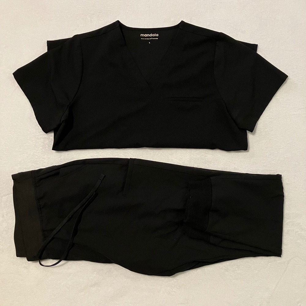 Mandala Scrub Set Women's Size L Black Equa-Tek V-Neck Top Jogger Pants